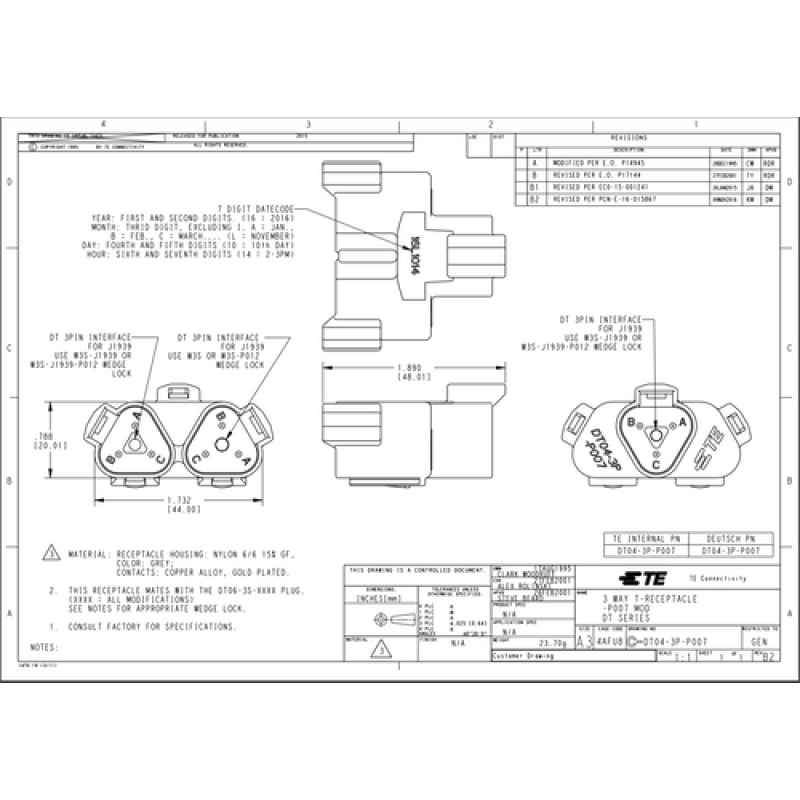 Grey Deutsch DT Connector  3 Way Y piece DT043PP007